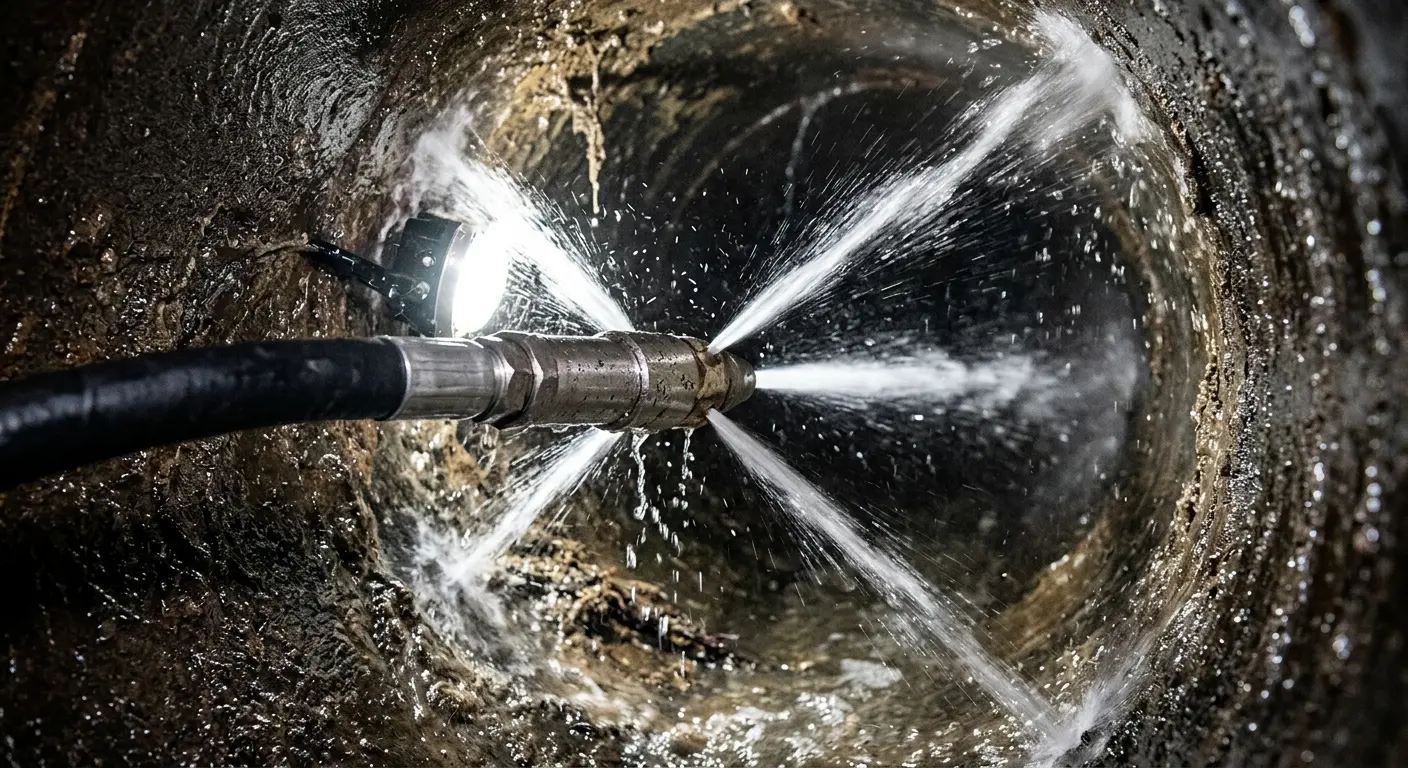 High-pressure hydro jetting nozzle cleaning sewer pipe for Trenchless Sewer Repair in Ettrick